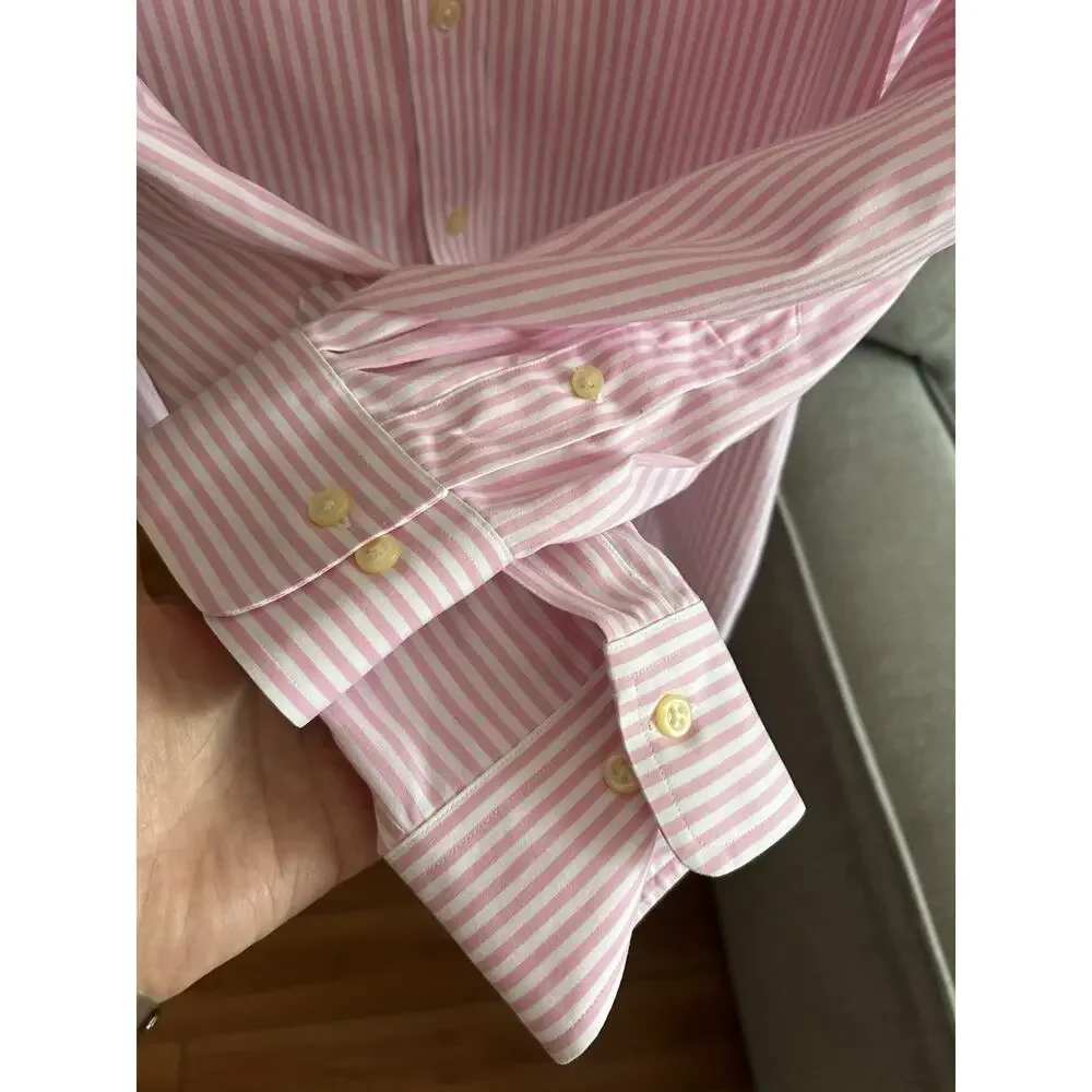 Polo Ralph  Mens Pink White Striped Non-Iron Button Down Shirt 16 1/2 34 35